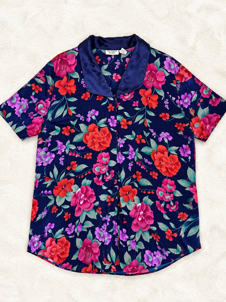 Victoria's Secret Vintage Gold Label Glam Luxury Blue Floral Satin Sleep Shirt
